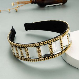 Square Glass Gem and Golden Chain Embellished Women Headband - White