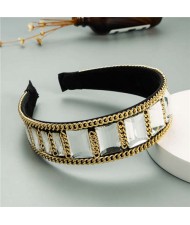 Square Glass Gem and Golden Chain Embellished Women Headband - White