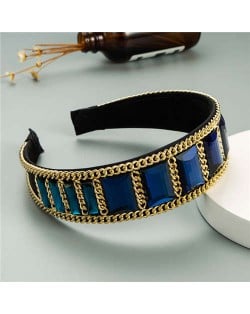 Square Glass Gem and Golden Chain Embellished Women Headband - Blue