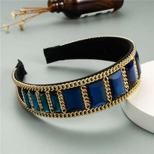 Square Glass Gem and Golden Chain Embellished Women Headband - Blue