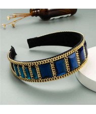 Square Glass Gem and Golden Chain Embellished Women Headband - Blue