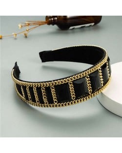 Square Glass Gem and Golden Chain Embellished Women Headband - Black
