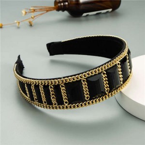 Square Glass Gem and Golden Chain Embellished Women Headband - Black