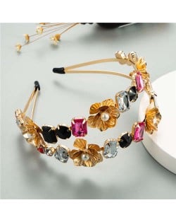 Golden Flowers and Assorted Gems Korean Fashion Women Hair Hoop