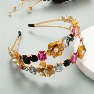 Golden Flowers and Assorted Gems Korean Fashion Women Hair Hoop