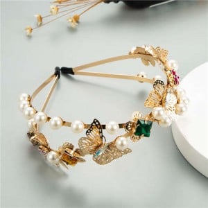 Hollow Butterfly and Pearls Embellished Korean Style High Fashion Women Hair Hoop