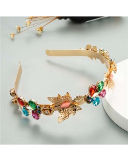 Butterfly and Colorful Rhinestone Flowers Embellished Korean Fashion Golden Women Hair Hoop