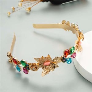 Butterfly and Colorful Rhinestone Flowers Embellished Korean Fashion Golden Women Hair Hoop