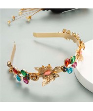 Butterfly and Colorful Rhinestone Flowers Embellished Korean Fashion Golden Women Hair Hoop