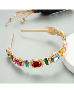 Oblong Colorful Gems Inlaid High Fashion Women Golden Headband