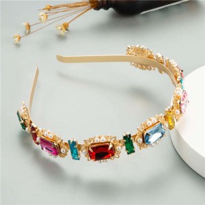 Oblong Colorful Gems Inlaid High Fashion Women Golden Headband