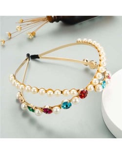 Pearl Embellished with Round Gems Dual-layer Design High Fashion Women Hair Hoop