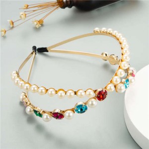 Pearl Embellished with Round Gems Dual-layer Design High Fashion Women Hair Hoop