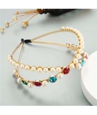 Pearl Embellished with Round Gems Dual-layer Design High Fashion Women Hair Hoop
