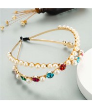 Pearl Embellished with Round Gems Dual-layer Design High Fashion Women Hair Hoop