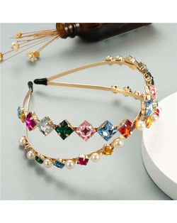 Pearl Embellished with Square Rhinestone Gems Dual-layer Design High Fashion Women Headband