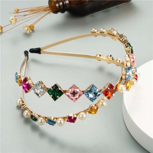 Pearl Embellished with Square Rhinestone Gems Dual-layer Design High Fashion Women Headband