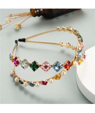 Pearl Embellished with Square Rhinestone Gems Dual-layer Design High Fashion Women Headband