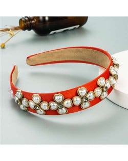 Pearl Flowers Embellished Baroque Design Vintage Fashion Hair Hoop - Red