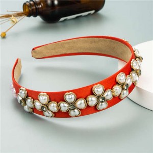 Pearl Flowers Embellished Baroque Design Vintage Fashion Hair Hoop - Red