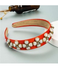 Pearl Flowers Embellished Baroque Design Vintage Fashion Hair Hoop - Red