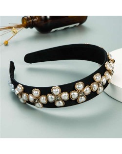 Pearl Flowers Embellished Baroque Design Vintage Fashion Hair Hoop - Black