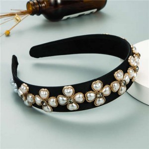 Pearl Flowers Embellished Baroque Design Vintage Fashion Hair Hoop - Black