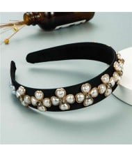 Pearl Flowers Embellished Baroque Design Vintage Fashion Hair Hoop - Black