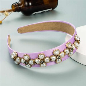 Pearl Flowers Embellished Baroque Design Vintage Fashion Hair Hoop - Purple
