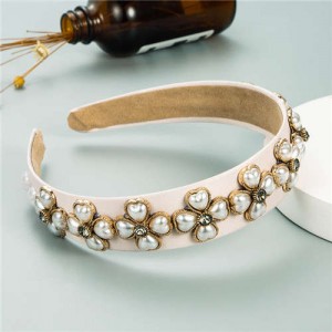 Pearl Flowers Embellished Baroque Design Vintage Fashion Hair Hoop - Pink