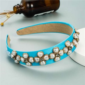 Pearl Flowers Embellished Baroque Design Vintage Fashion Hair Hoop - Blue