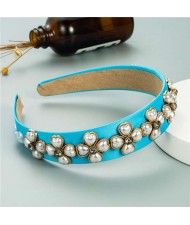 Pearl Flowers Embellished Baroque Design Vintage Fashion Hair Hoop - Blue