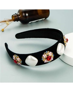 Rhinestone Flowers and Artificial Pearl Combo Vintage Fashion Wide Pattern Women Headband - Red