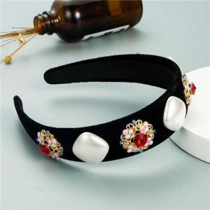 Rhinestone Flowers and Artificial Pearl Combo Vintage Fashion Wide Pattern Women Headband - Red