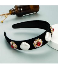 Rhinestone Flowers and Artificial Pearl Combo Vintage Fashion Wide Pattern Women Headband - Red