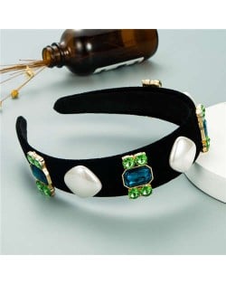 Rhinestone Flowers and Artificial Pearl Combo Vintage Fashion Wide Pattern Women Headband - Green