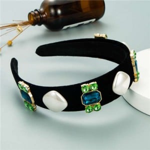 Rhinestone Flowers and Artificial Pearl Combo Vintage Fashion Wide Pattern Women Headband - Green