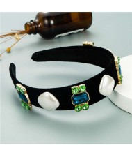 Rhinestone Flowers and Artificial Pearl Combo Vintage Fashion Wide Pattern Women Headband - Green