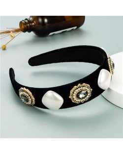 Rhinestone Flowers and Artificial Pearl Combo Vintage Fashion Wide Pattern Women Headband - Black