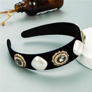 Rhinestone Flowers and Artificial Pearl Combo Vintage Fashion Wide Pattern Women Headband - Black