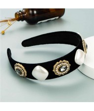 Rhinestone Flowers and Artificial Pearl Combo Vintage Fashion Wide Pattern Women Headband - Black