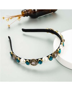 Vintage Baroque Style Pearl and Rhinestone Decorated Women Costume Hair Hoop - Blue