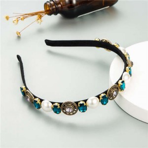 Vintage Baroque Style Pearl and Rhinestone Decorated Women Costume Hair Hoop - Blue