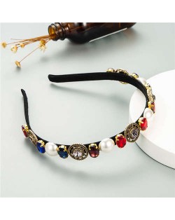 Vintage Baroque Style Pearl and Rhinestone Decorated Women Costume Hair Hoop - Multicolor