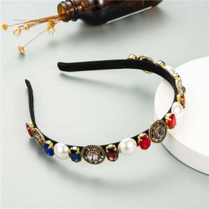 Vintage Baroque Style Pearl and Rhinestone Decorated Women Costume Hair Hoop - Multicolor