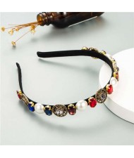 Vintage Baroque Style Pearl and Rhinestone Decorated Women Costume Hair Hoop - Multicolor