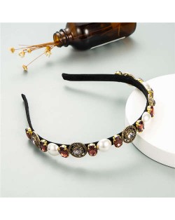 Vintage Baroque Style Pearl and Rhinestone Decorated Women Costume Hair Hoop - Coffee