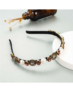 Vintage Baroque Style Pearl and Rhinestone Decorated Women Costume Hair Hoop - Coffee