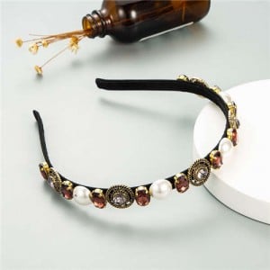 Vintage Baroque Style Pearl and Rhinestone Decorated Women Costume Hair Hoop - Coffee