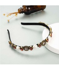 Vintage Baroque Style Pearl and Rhinestone Decorated Women Costume Hair Hoop - Coffee